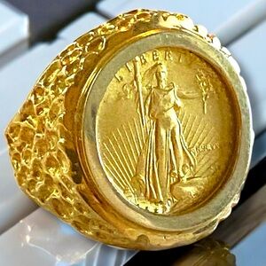 Vintage Unisex 22k Gold American Eagle 1/10 OZ Gold Coin 14k Ring Size 6!